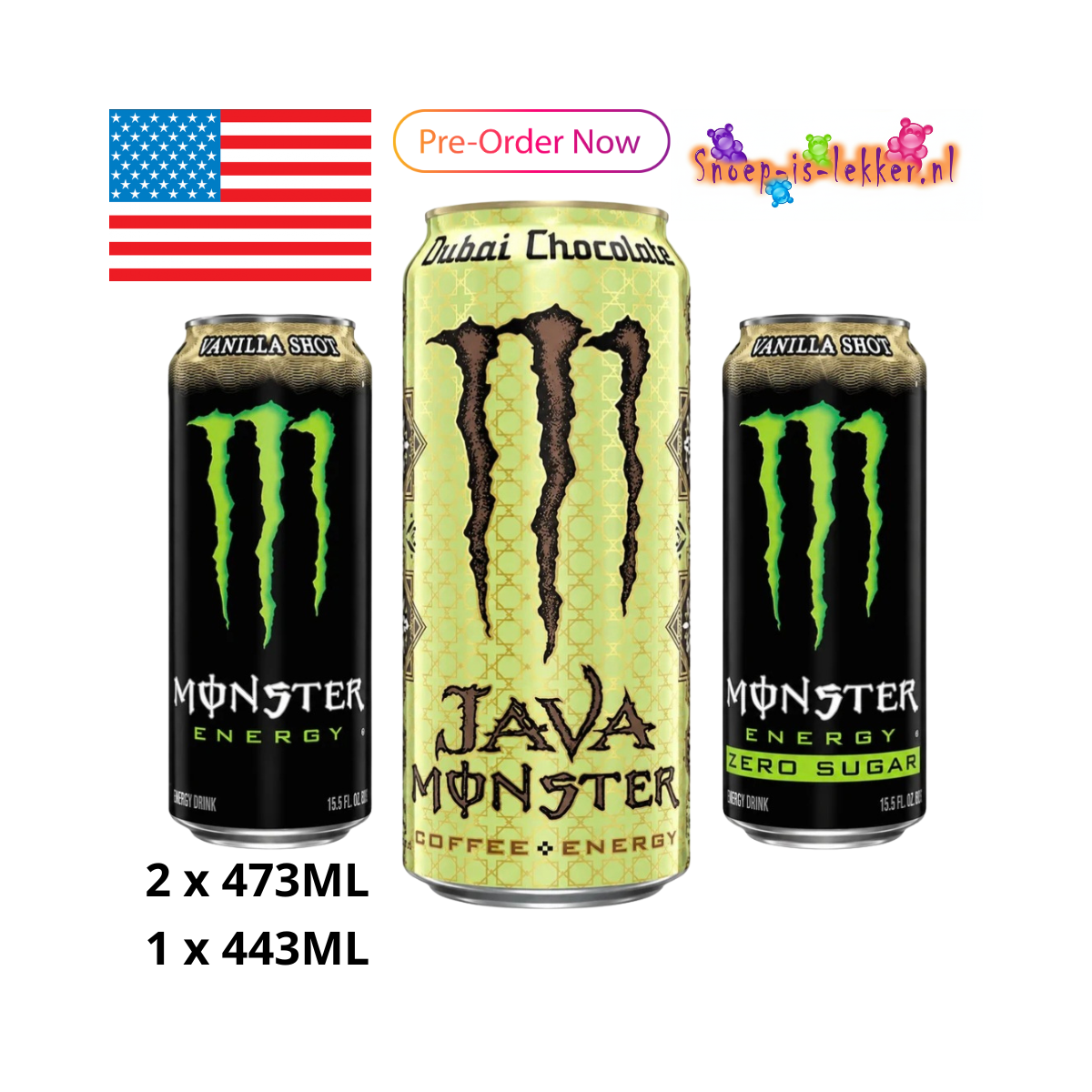 Monster Energy Vanilla & Dubai Chocolate Combi-Pack (2 x 473 ml 1 x 443 ml / USA Import)